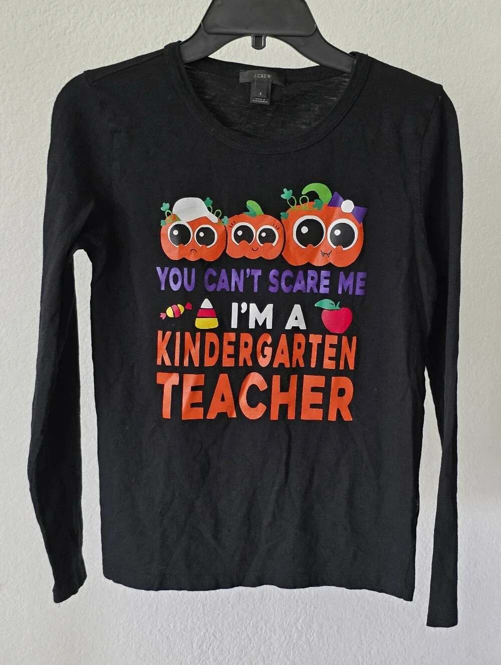 J.Crew Womens Small Halloween Kindergarten Teacher Graphic Long Sleeve Black Tee